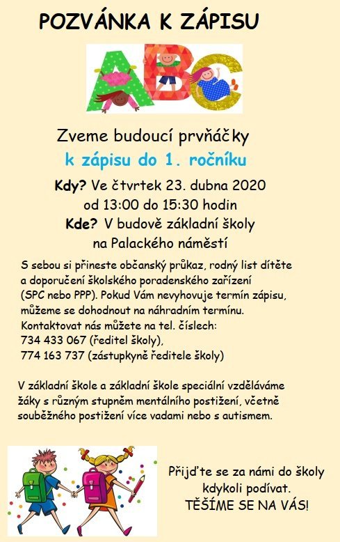Zápis do 1. ročníku - vzhledem ke stávající situaci budou informace aktualizovány.